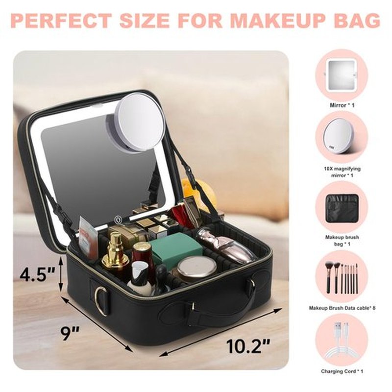 Mocado Travel Makeup Bag with LED Lighted Mirror,Travel Makeup Organizer,Makeup Case with 8 Makeup Brushes and 10x Magnifying Mirror,3 Colors Lighting, Adjustable Dividers Makeup Box(Black)