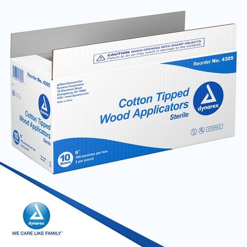 Dynarex 4305 Sterile Cotton Tipped Applicator,6" Length, Single-Use Wooden Cotton Tip Applicator for Wound Care & Dressing, Hygiene, Make Up, Cleaning Tool, Jewelry, Pack of 2000