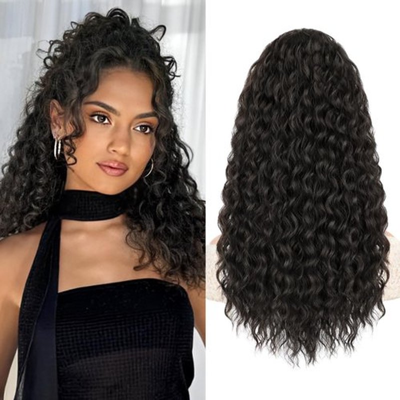 AISI BEAUTY Curly Ponytail Extension, Brown Black Drawstring Ponytail Extension for Black Women Synthetic Curly Wavy 20 Inch Fake Clip in Ponytail Hair Extensions for Daily Use