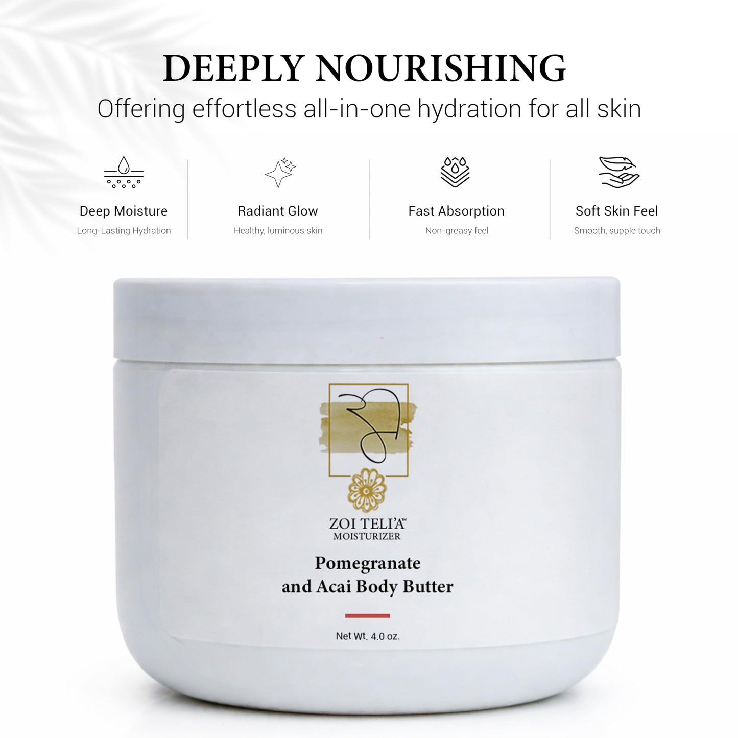Zoi Teli'a Pomegranate and Acai Body Butter Deep Moisturize & Nourish Sensitive & Dry Skin with Shea Butter, Sweet Almond Oil & Antioxidant – Body and Face Cream for Soft, Supple & Radiant Glow – 4 Oz