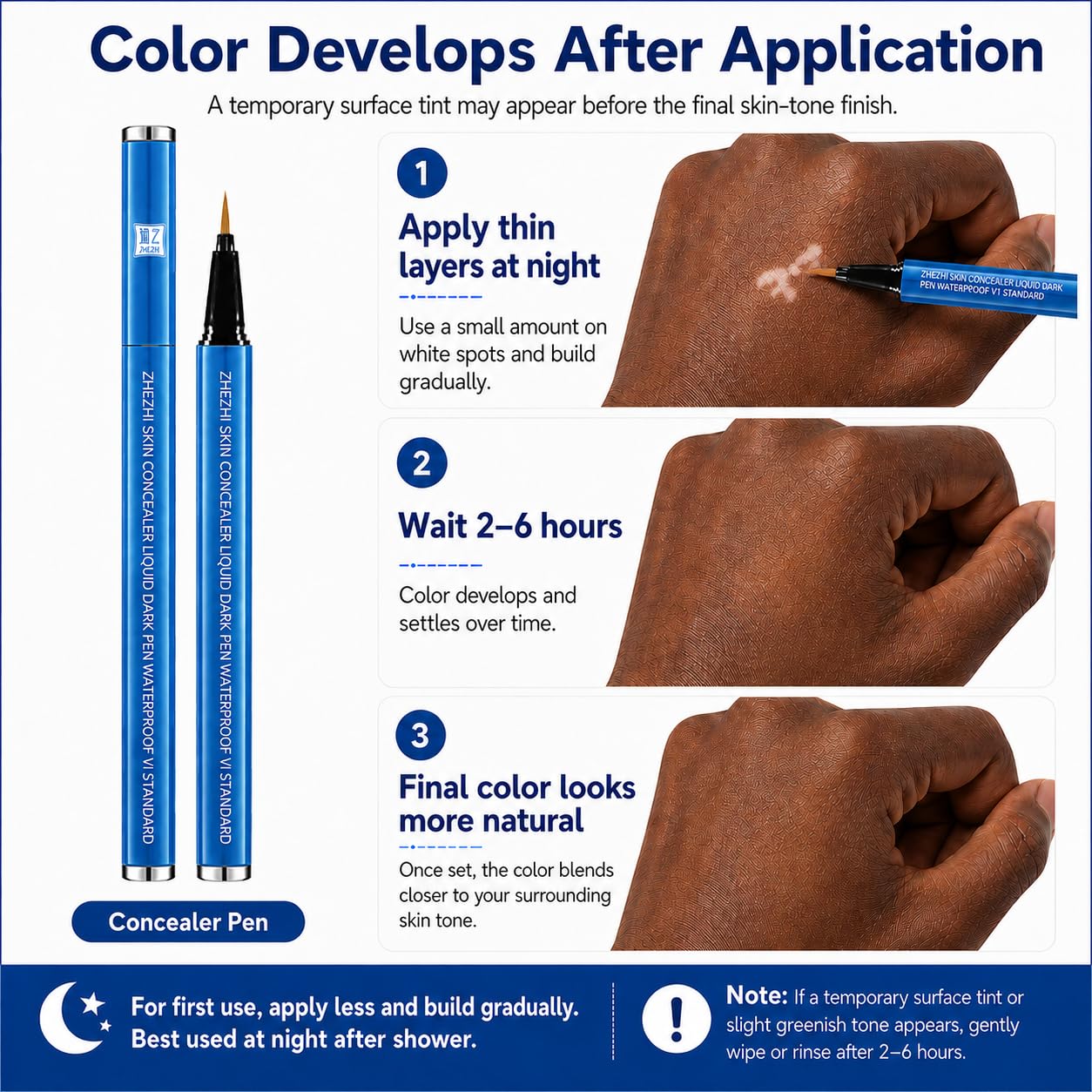 ZHEZHI Vitiligo Concealer Pen 3.5g Waterproof 3-7 Days Face Body Hands Feet Light Medium Brown Deep Skin Tone Portable Quick Application Travel Gym Work (brown to deep skin tone, Face and Body)