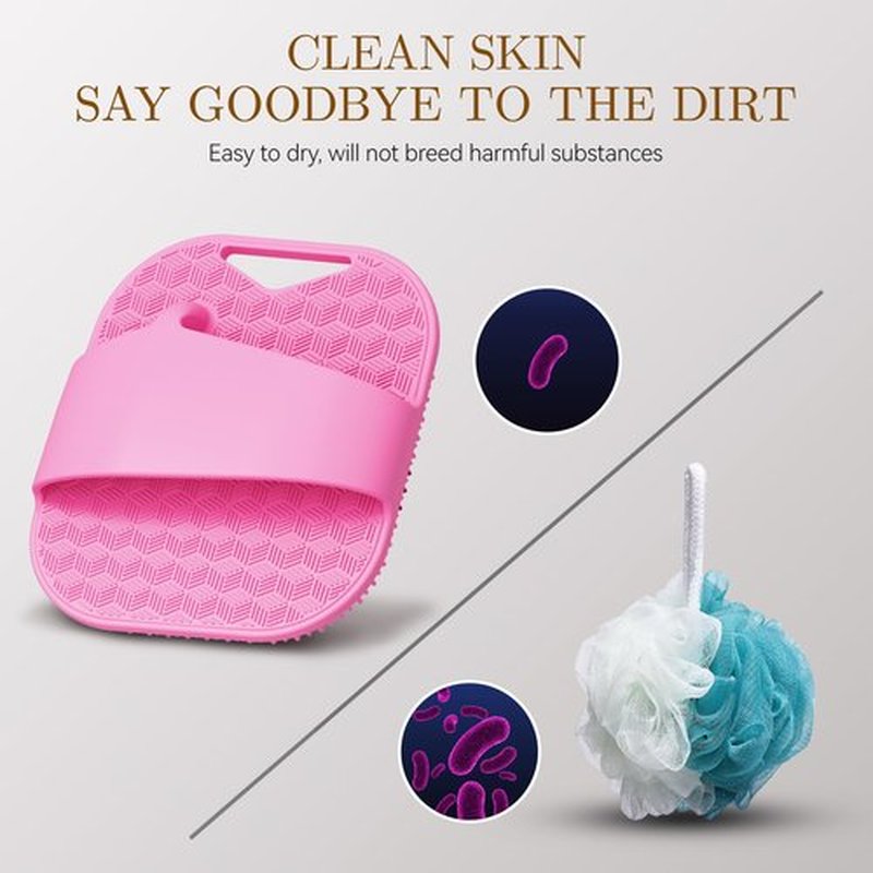 Silicone Body Scrubber for Women, Friendly Shower Body Scrubber for Sensitive Skin, Silicone Loofah Body Scrubber for Showering with Richer Foam Bristles and Anti-Slippery Handle, Pink