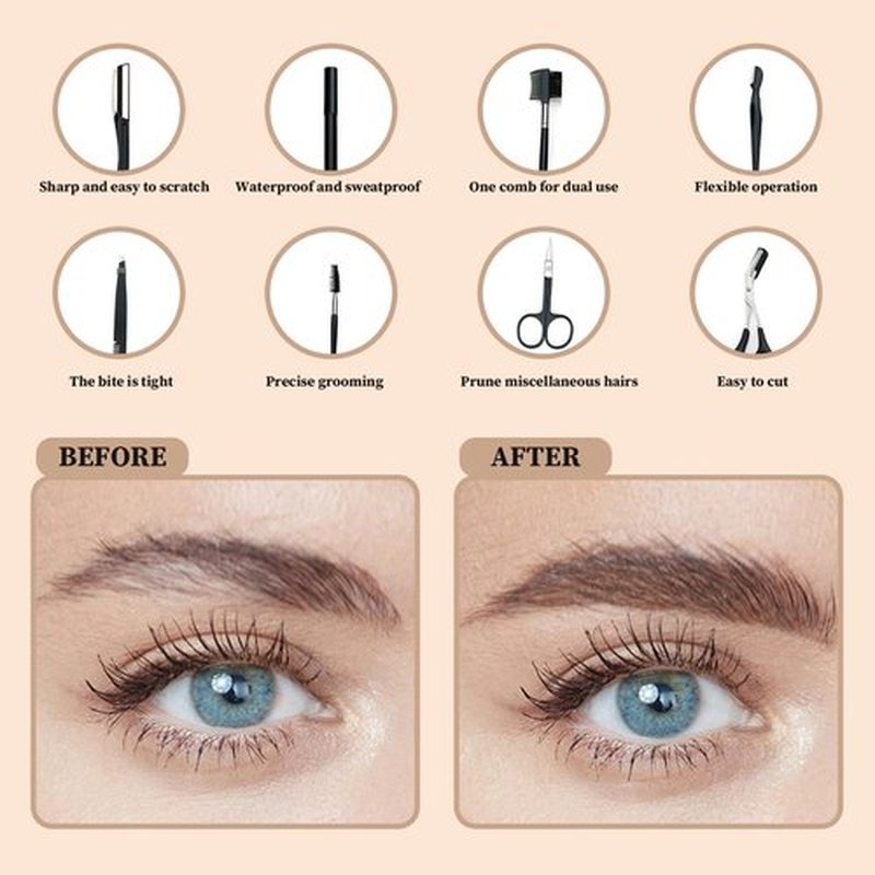 8PCS/SET Professional Eyebrow Shaping Grooming Kit - Beauty Tools Set with Leather Bag Eyebrow Grooming Kit for Women & Men, Eyebrow Trimming Kit With Razor Eyebrow Scissors and Brush with Comb Khaki