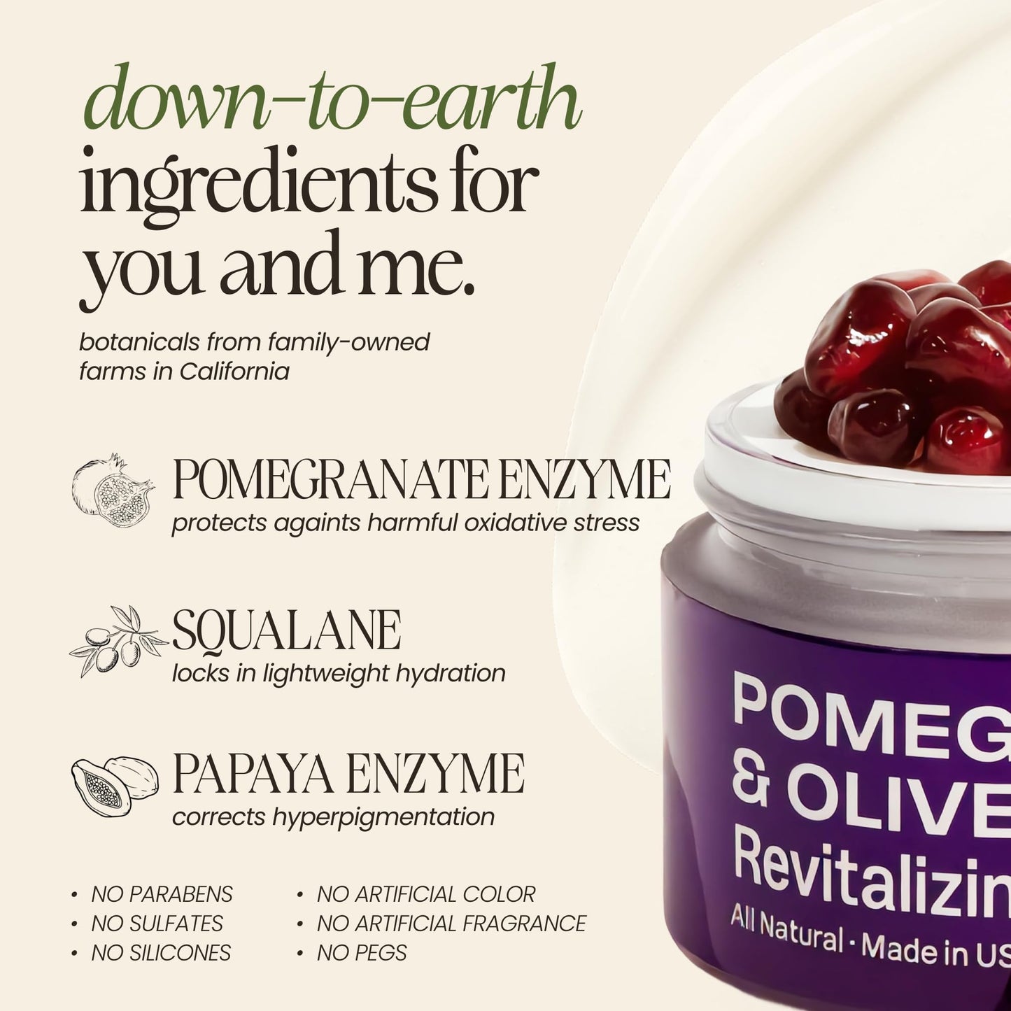 Pomegranate & Olive Revitalizing Face Cream for Wrinkles, Dark Spots & Hyperpigmentation | Lightweight Enzyme Moisturizer for Dry & Sensitive Skin | Vegan | 1.7oz | Mudita Earth
