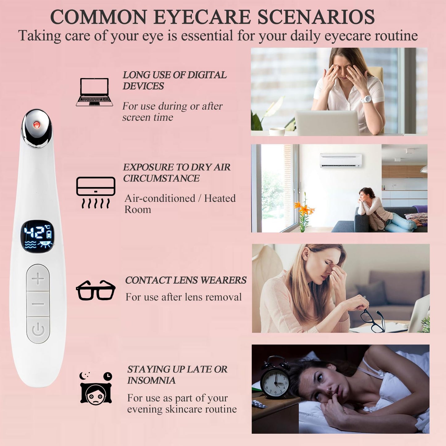 Vowleike Eye Lift Wand, 3 in 1 Vibrating Red Light 98°F to 113°F LCD Display Eye Massager for Dry Eyes, Dark Circles and Puffiness, Electrical Face, Neck Sculpting Pen for Fine Lines and Wrinkles