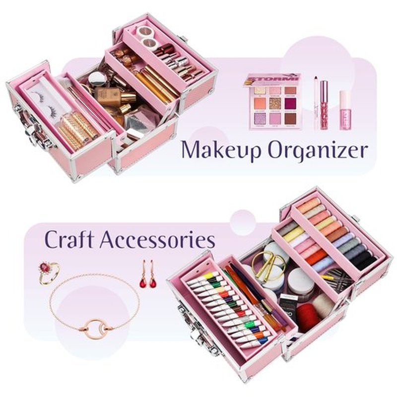 FRENESSA Makeup Train Case Beauty Cosmetic Box 4 Tier Trays Jewelry Storage Organizer with Lockable Pink Lining Perfect for Women and Girls - Mermaid Pink