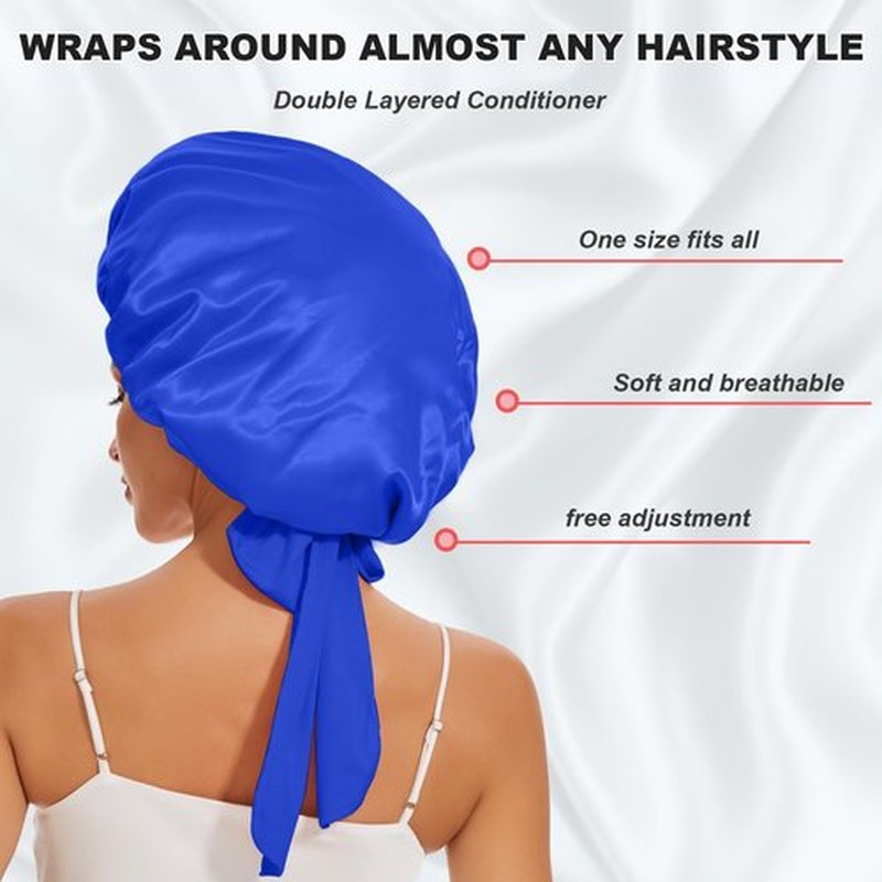 Large Silk Bonnet for Sleeping, Double Layer Satin Lined Hair Bonnets for Women Men with Tie Band Shower Cap
