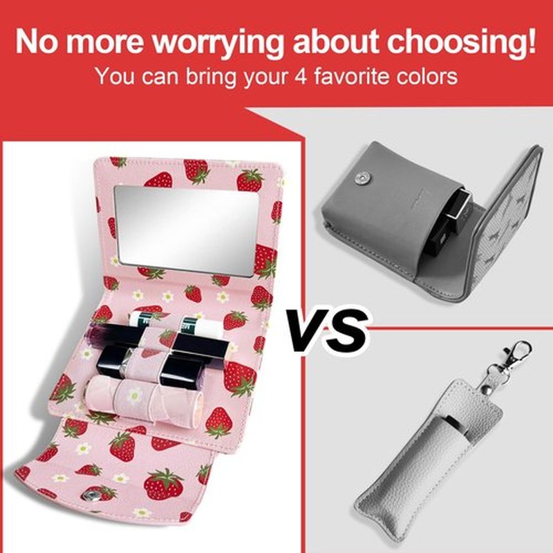 LAOTANGJIA PU Lipstick Case Holder with Mirror,Holds 4pcs of Long Lipsticks,Lipstick Holder,Cute Makeup bag Travel Organizer Bag for Outside Mini Bag Pouch,Strawberry for Gift Women