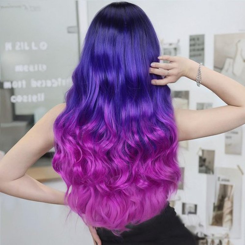 Fancy Hair Purple Long Curly Wavy Hair Wigs Heat Resistant 3 Tones Dark Roots Synthetic Daily Party Cosplay Wigs for Women 26" (1B to Blue Purple)
