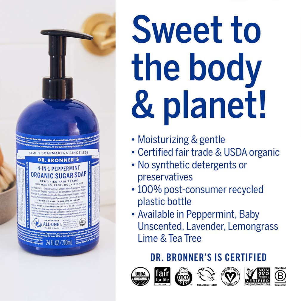 Dr. Bronner's Organic Sugar Soap (Baby Unscented, 24 Ounce) - Made with Regenerative Certified Organic Oils, Sugar & Shikakai Powder, 4-in-1 Use: Hands, Body, Face and Hair- Liquid Soap, Nourishes