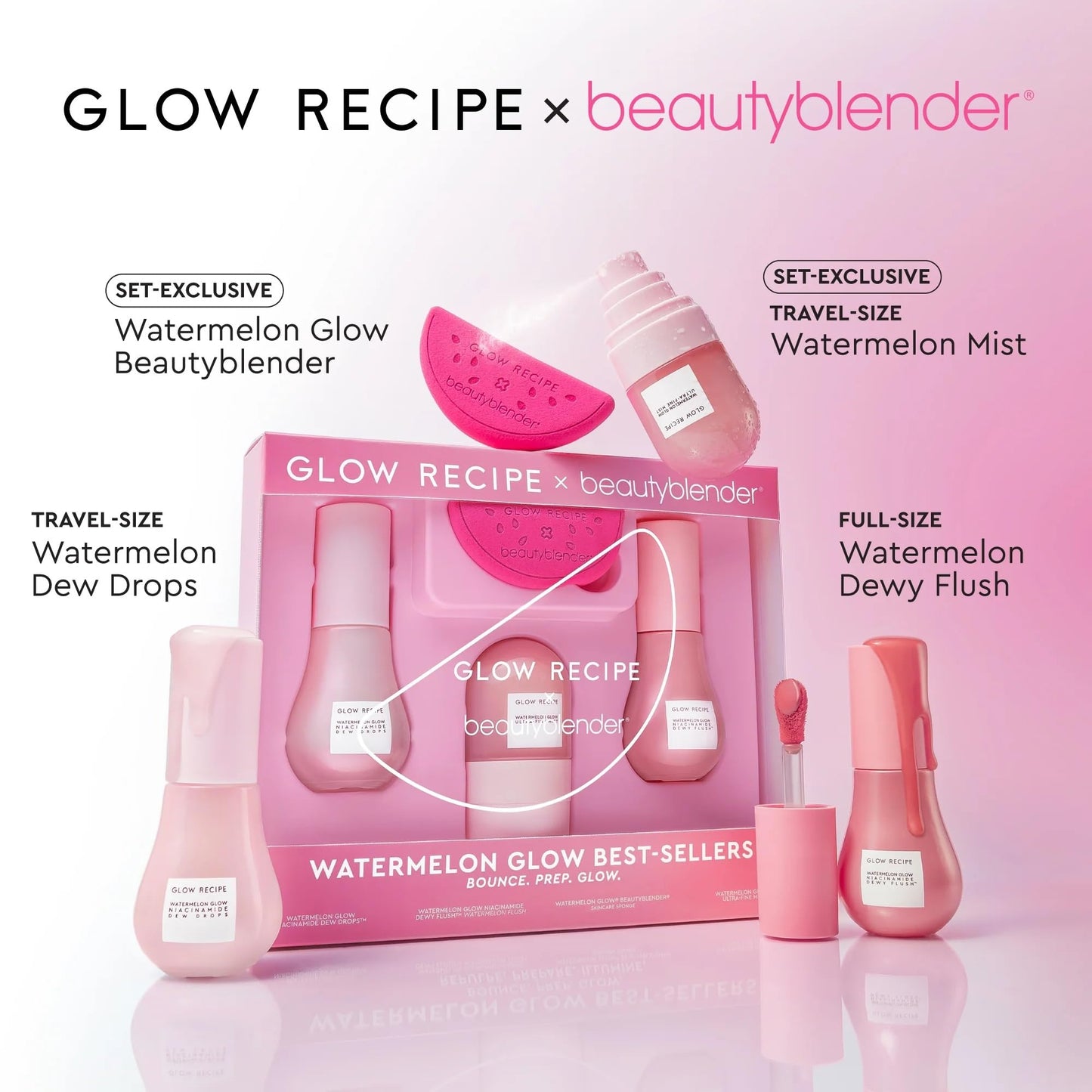 Glow Recipe x Beautyblender: Watermelon Glow Skincare and Makeup Prep Set - Niacinamide Dew Drops, Dewy Flush Liquid Blush, Ultra-Fine Hydrating Face Mist and Exclusive Beautyblender Makeup Sponge