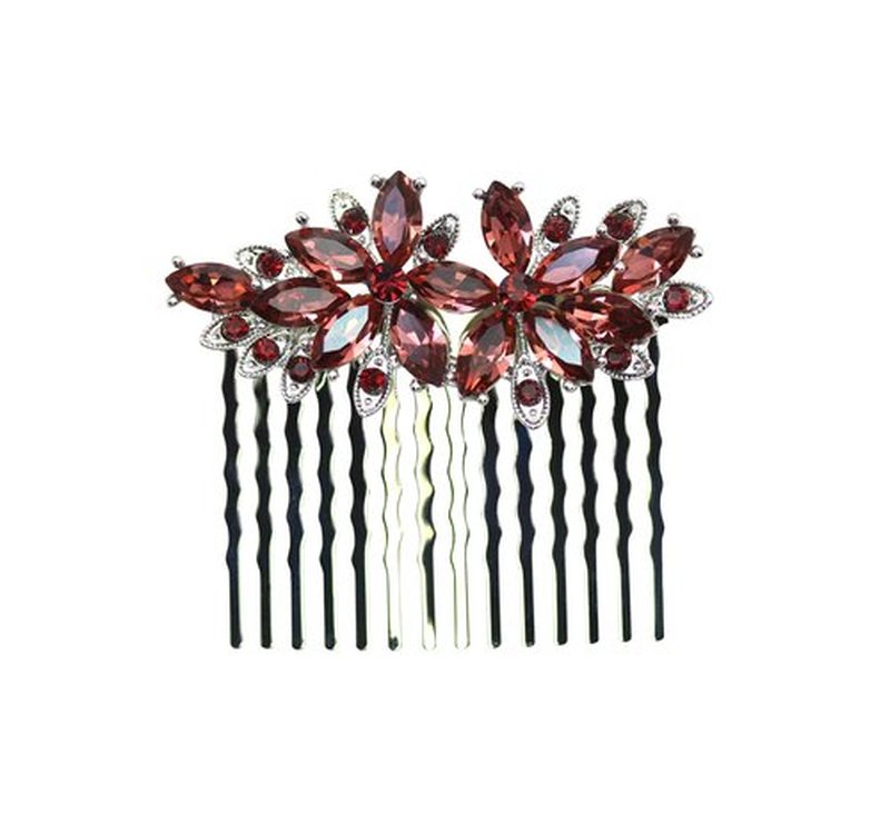 Faship Gorgeous Burgundy Rhinestone Crystal Floral Hair Comb