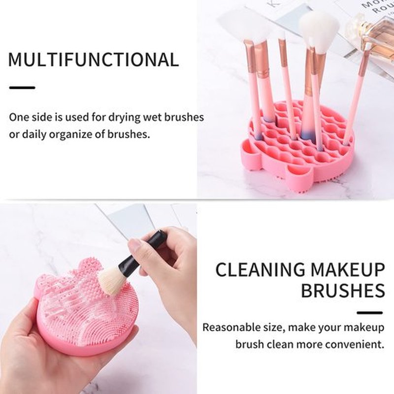 Silicon Makeup Brush Cleaner Mat with Brush Drying manual Make up brush cleaner cleanser machine Cosmetic Brush Cleaning Pad+Makeup Brush Dry Cleaned Quick Color Removal Sponge Scrubber Tool(Pink)