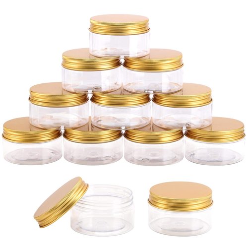 Tecbeauty 12-Pack 100ml Empty Clear Plastic Slime Storage Favor Jars for Beauty Products, DIY Slime Making, Gold