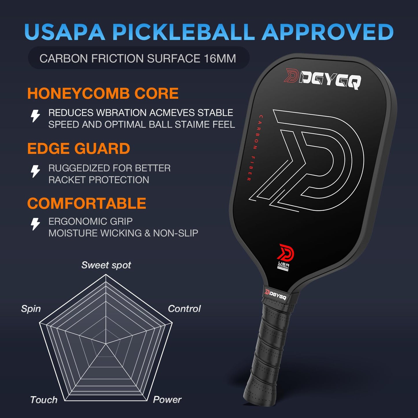 DGYGQ Pickleball Paddles - Professional Carbon Fiber Paddle with Honeycomb Core Pickleball Rackets - Lightweight Precision & Enhanced Shock Absorption for High Spin
