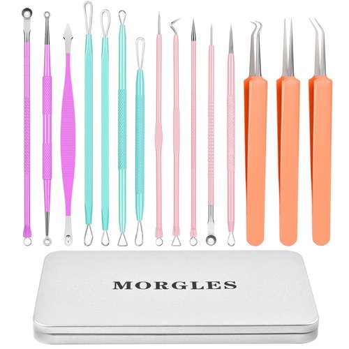 Blackhead Remover Tools, MORGLES 15PCS Pimple Popper Tool Kit Professional Stainless Comedone Pimple Extractor Tool for Blackhead Blemish Zit Removing with Metal Case 2024 Latest