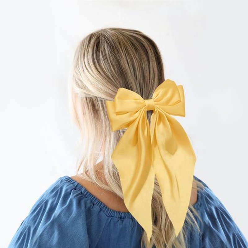 Hair Bows for Women Girls Silky Satin Big Bows Hair Barrettes Oversized Hair Accessories Long Tail Hair Ribbons -3Pcs -Sapphire Blue Yellow Red