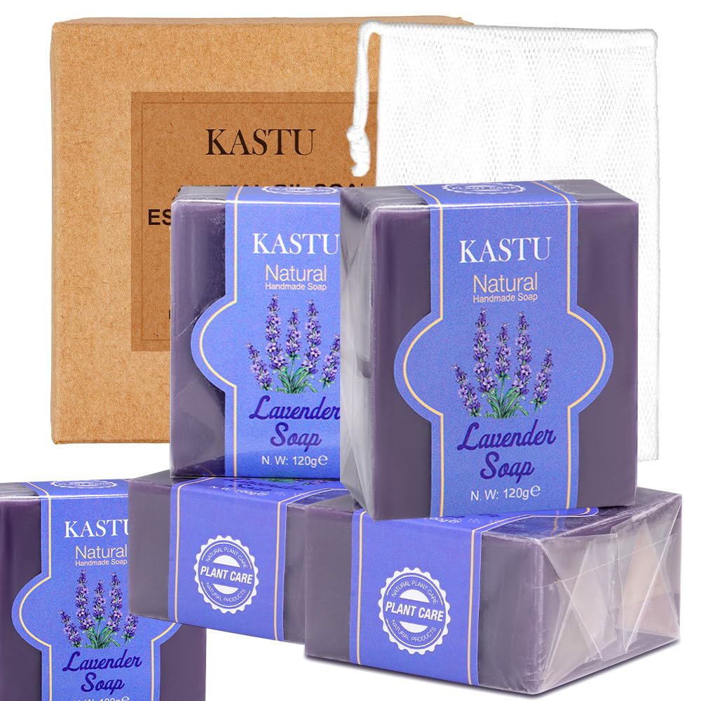 kastu Lavender Oils Soap Bar for Face & Body,Moisturizing,Softer Skin,Natural Handmade,Hypoallergenic Beauty Bar Sensitive Skin With Gentle Cleanser,Men and Women,5PCS X 120g