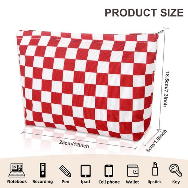 Wudimeitt Cosmetic bag Makeup bag Preppy Cute Corduroy Toiletry bag for women travel essentials (Plaid red)
