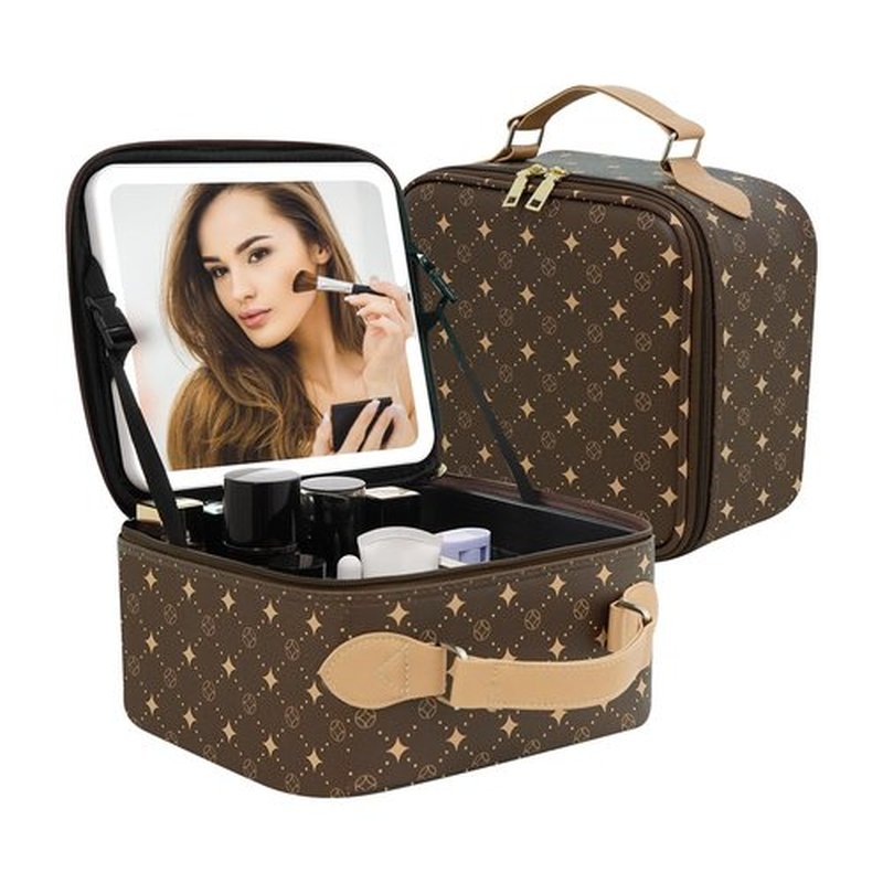 Travel Makeup Bag With 360° rotating LED Mirror,Waterproof cosmetic organizer,Portability Cosmetic case,Makeup organizer,Gift for Women,Girls Gift (Brown)