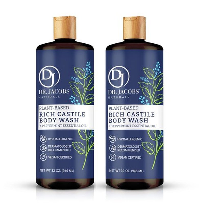 DR. JACOBS NATURALS Castile Peppermint All-Natural Body Wash for Moisturizing Dry and Sensitive Skin Shampoo with Plant-Based Ingredients Gluten, Preservatives-Free Formula - 32 oz, Pack of 2
