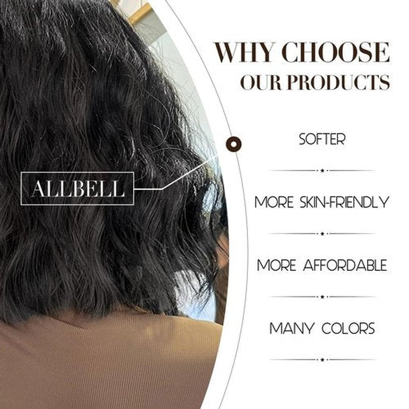 Allbell Black Wigs for Women Short Wavy Bob Wig with Bangs for Women Synthetic Short Curly Wave Wigs Heat Resistant Fiber Hair Wigs for Daily
