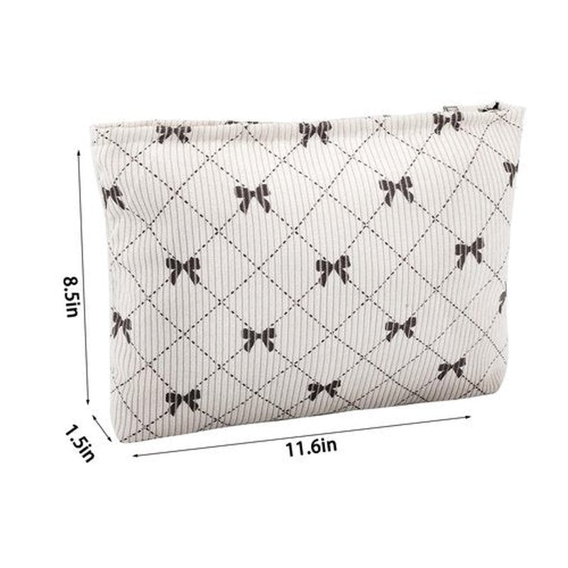 ZLFSRQ Corduroy Makeup Bag for Women Preppy Large Capacity Cosmetic Bag Travel Toiletry Organizer Pouch for Purse Zipper Makeup Brushes Storage Tote Bag Cute Y2K Aesthetic Essentials Bag（Khaki Bow）