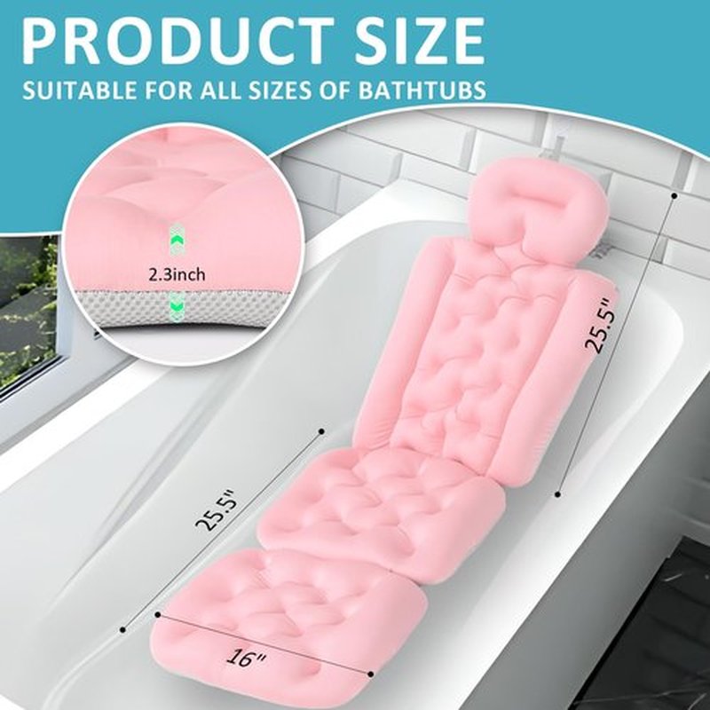 Luxury Full Body Bath Pillow for Bathtub, Bath Pillows for Tub with Mesh Laundry Bag & Non-Slip Suction Cups, Cushion for Bathtub Headrest Neck Back Support - 5D Air Mesh & Quick Drying | Pink
