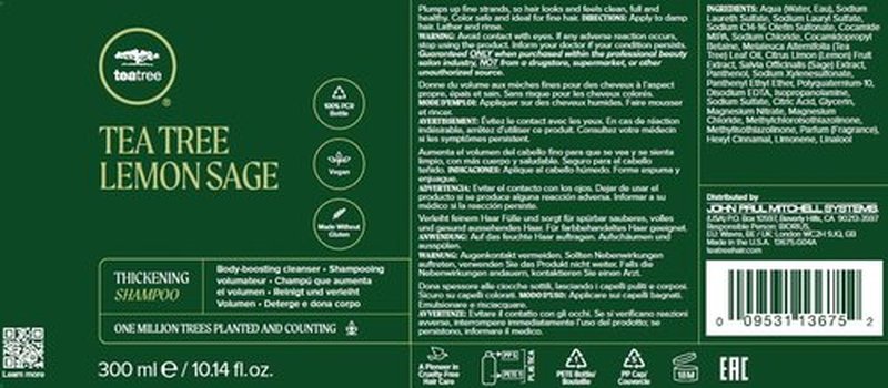 Tea Tree Lemon Sage Thickening Shampoo, Builds Body + Boosts Volume, For Fine Hair, 10.14 fl. oz.