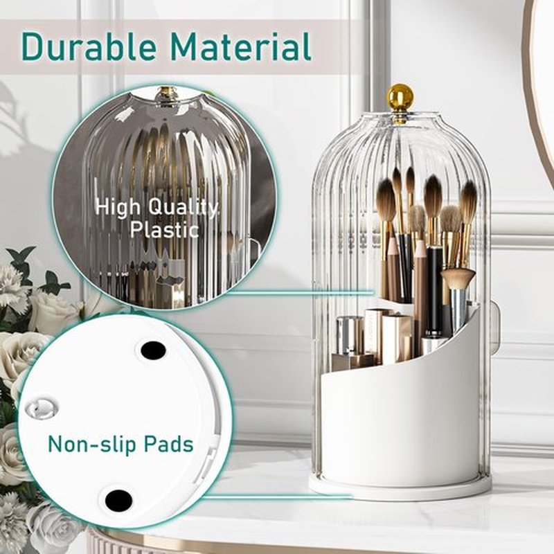 GAXmi Makeup Brush Holder with Lid Cosmetic Tools Organizer 360 Rotating Waterproof Dustproof Makeup Brushes Storage for Vanity, Transparent