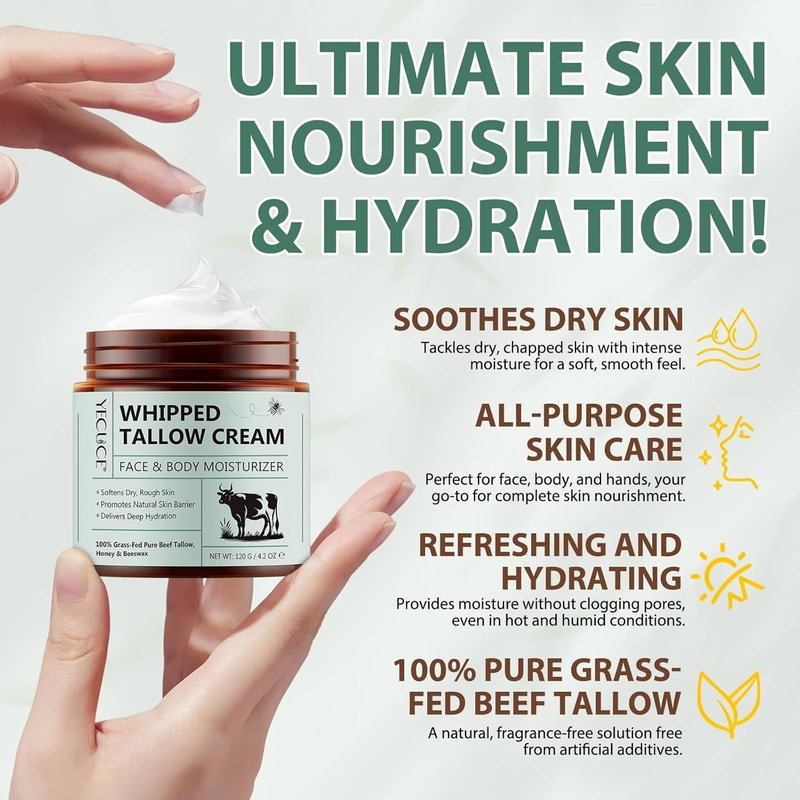 Beef Tallow Skin Moisturizer - All-Natural Hydrating Balm with Honey & Beeswax | 4.2 Oz