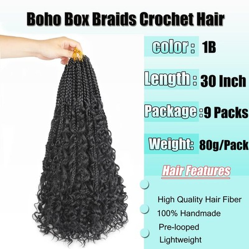 9 Pack Boho Braids Crochet Hair - 30 Inch Pre-looped Goddess Box Braids Crochet Hair Bohemian Crochet Boho Box Braids Crochet Braids With Curly Ends Synthetic Crochet Hair for Women（30 Inch,1B)