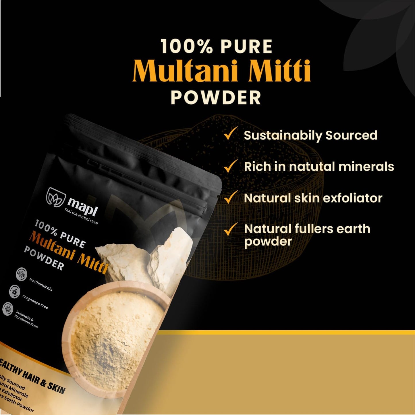MAPL Fuller's Earth Powder (100% Pure Multani Mitti Powder) | Natural Fuller’s Earth Clay Face Mask for Skin Cleansing & Oil Control | Herbal Calcium Bentonite Face Pack | 7.055 oz (200g)