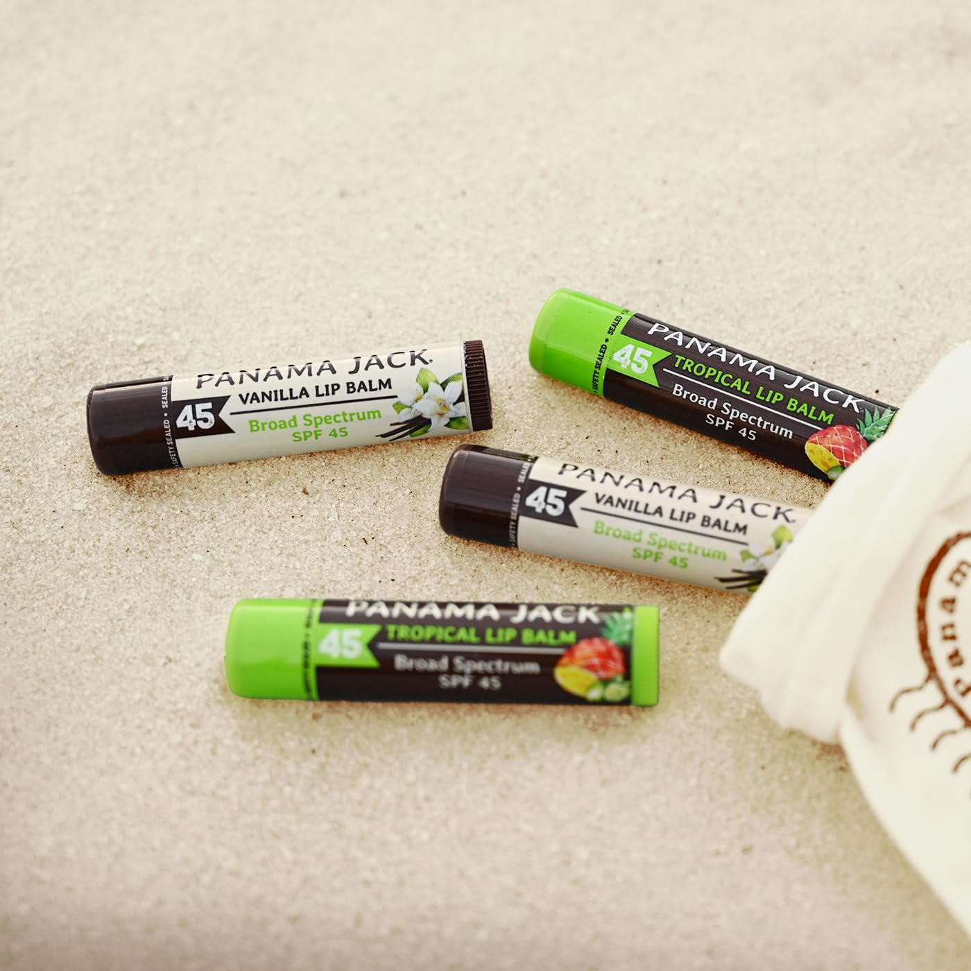 Panama Jack Passport to Flavor - Travel Sunscreen Lip Balm Bulk SPF 45 Stick - 4 Pack Tropical & Vanilla