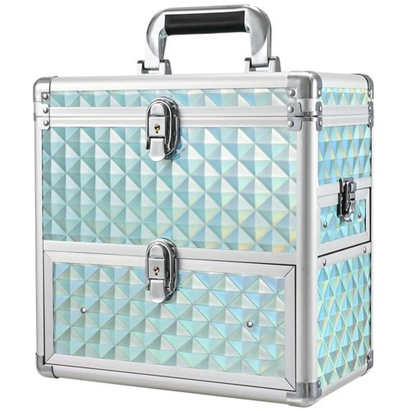 FRENESSA Extra Large Makeup Organizer Case Cosmetic Box Storage with Drawer Mirror Makeup Manicure Accessory Organizer With Dividers Travel Nail Art Case for Makeup Artist Nail Tech Case Watery Blue
