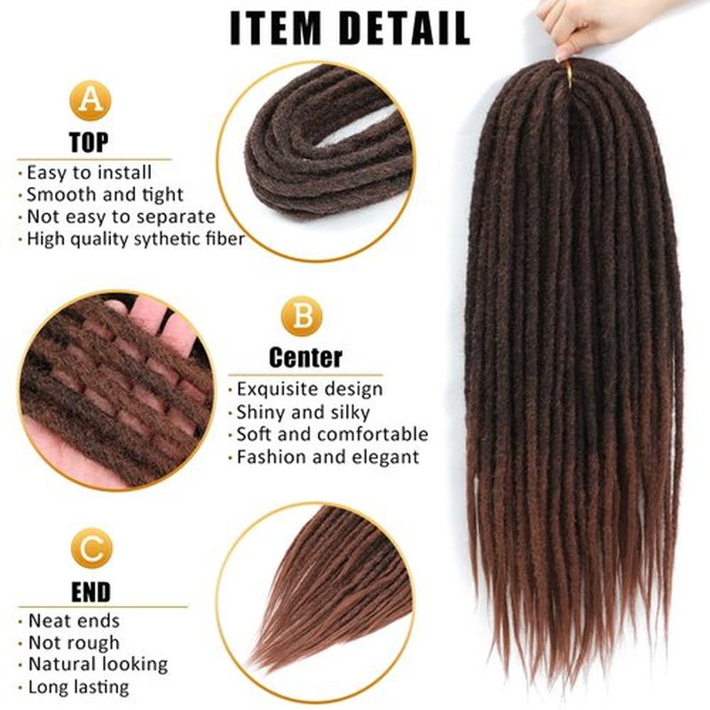Aguacor Straight Dreadlocks Synthetic Double Ended Dreadlock Extensions 24inches 5 Strands Width 1.2cm Soft Black to Dark Brown DE Dreadlock Extensions for Women (5 Strands, 1B/30)