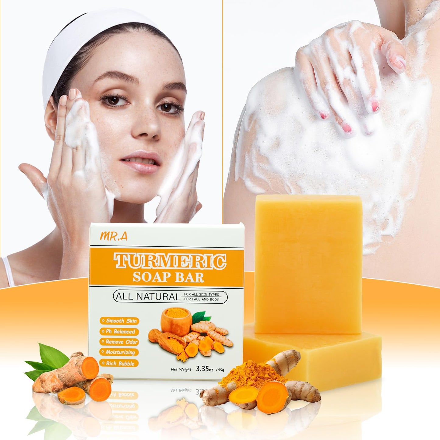 MR.A 2Pcs Turmeric Soap Bar and Turmeric Oil Set for Face & Body, Nautral Ingredients with Vitamin C to Cleanses, Soothing, Hydrating Skin, Turmeric Skin Care Set for All Skin Type