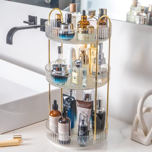INVSSENE 360° Rotating Makeup Organizer, Bathroom Make Up Spinning Holder Rack, Large Capacity Cosmetics Storage Vanity Shelf Countertop, Fits Cosmetics, Perfume, Skincare, Lipsticks(3 Tiers, Clear)