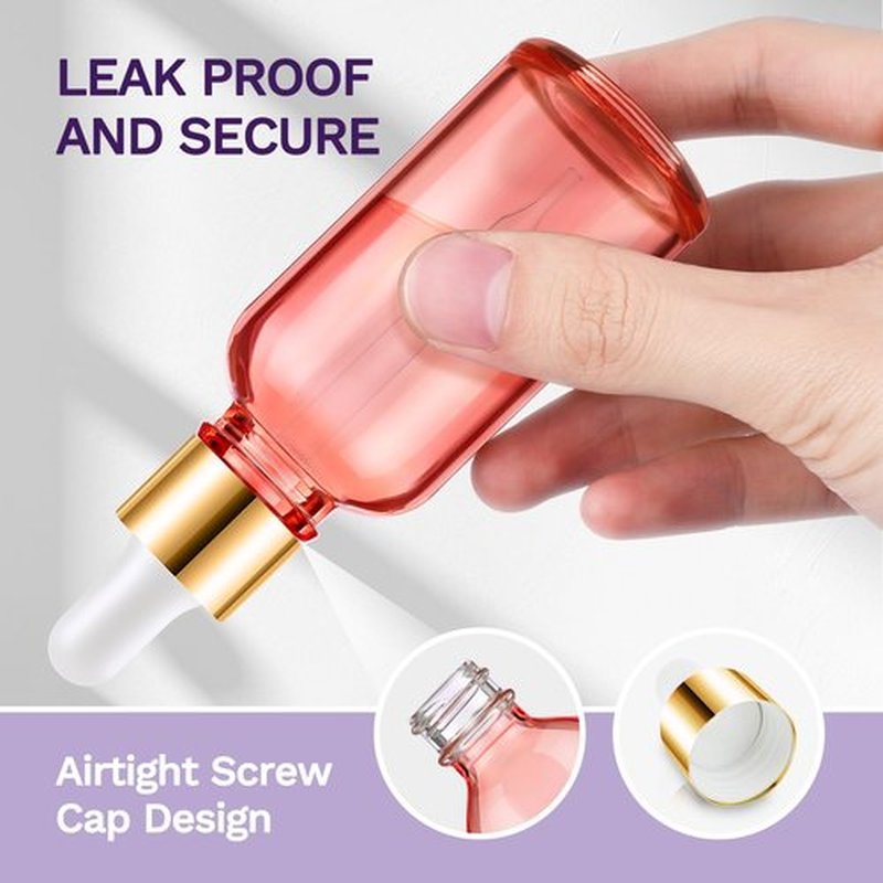 Bumobum Dropper Bottle 1 oz, 5 Pack Pink Glass Eye Dropper Bottles with Golden Lid for Essential Oils with 2 Measured Dropper 1 Funnel, 1 Pipette, 8 Labels, 30ml Leakproof Oil Dropper Bottle