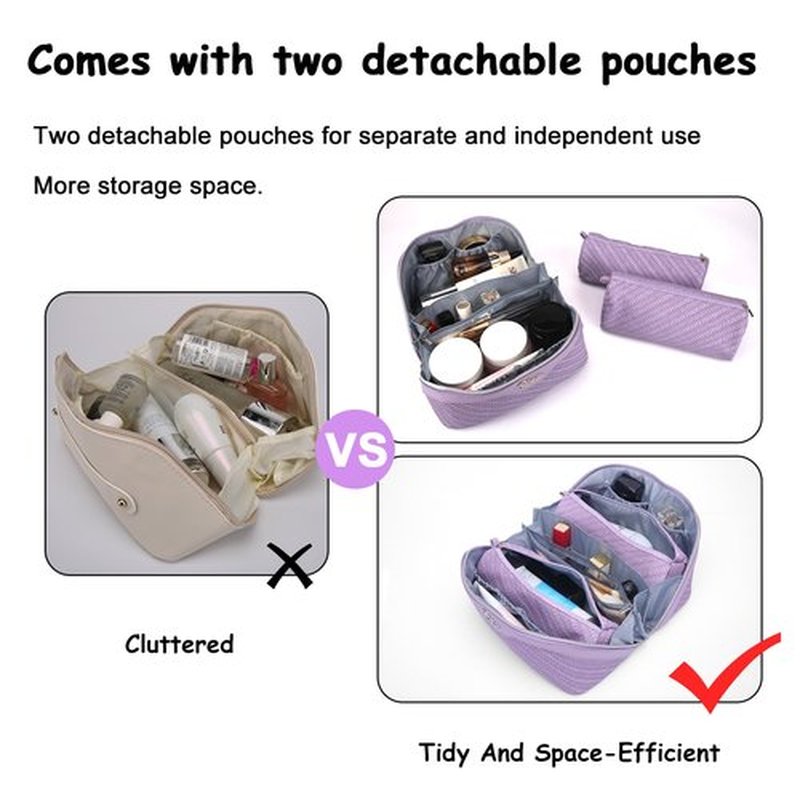 Travel Makeup Bags Cosmetic Organizer Bag: Large Capacity Make up Bag Set of 3 - Vegan Leather Toiletry Bag for Women - Portable Makeup Organizer with Compartments & Handle & Divider (3 Purple)