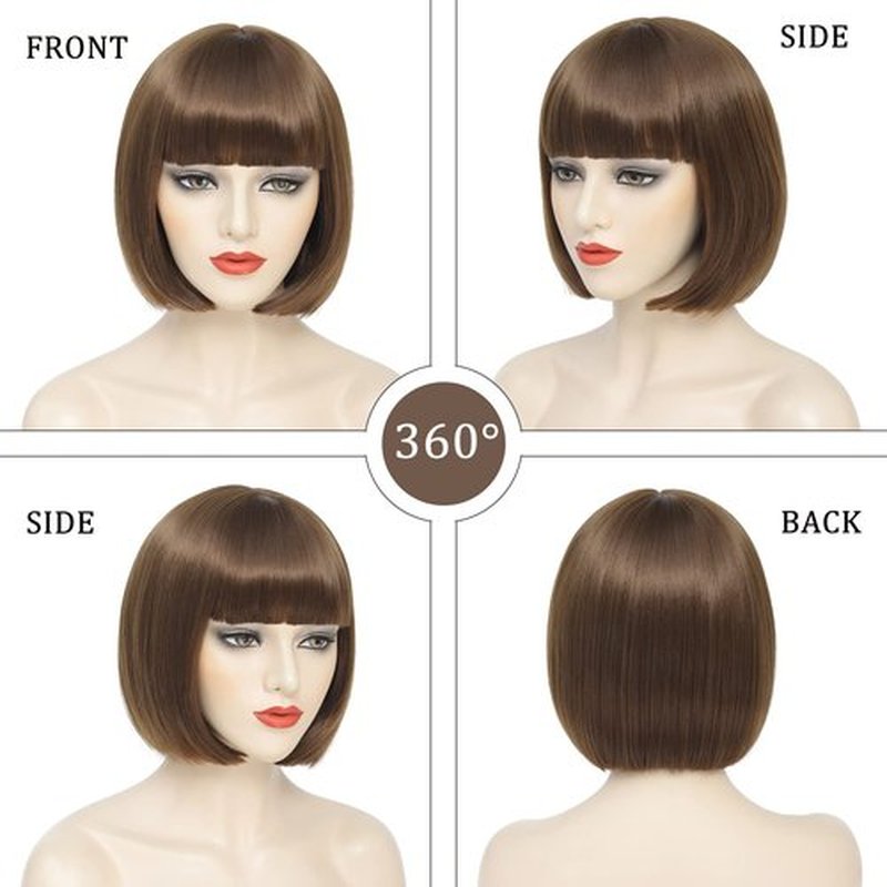 YBYMCAI Brown Bob Wig With Bangs Short Light Brown Bob Wigs For Women Straight Bob Bangs Wig 10 Inch Heat Resistant Synthetic Hair Natural Looking For Daily Party Use