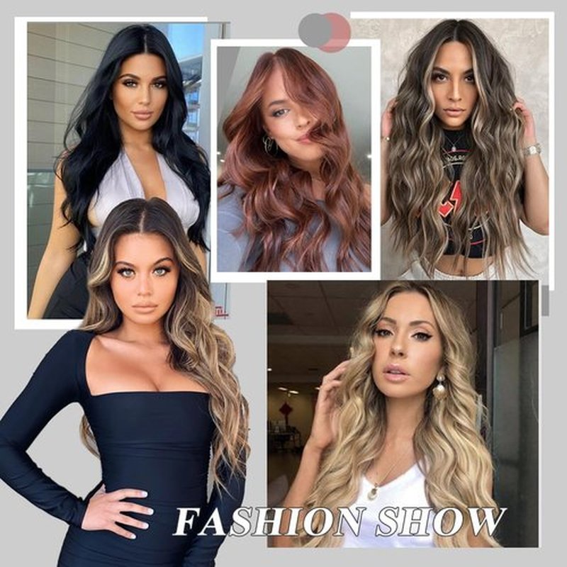 Long Brown Mixed Blonde Wig for Women 24 Inch Brown Wavy Wig Synthetic Middle Part Highlights Color Wigs Natural Looking Heat Resistant Fiber Wig for Daily Party Use (Brown Mixed Blonde)