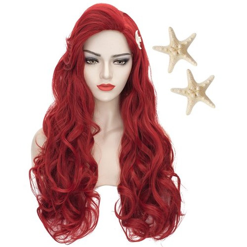 Wiggy Mermaid Wig + Starfish Hairpin Women Red Long Curly Wavy Cosplay Wigs with Bangs Halloween Party Costume Heat Resistant Wig + Wig Cap