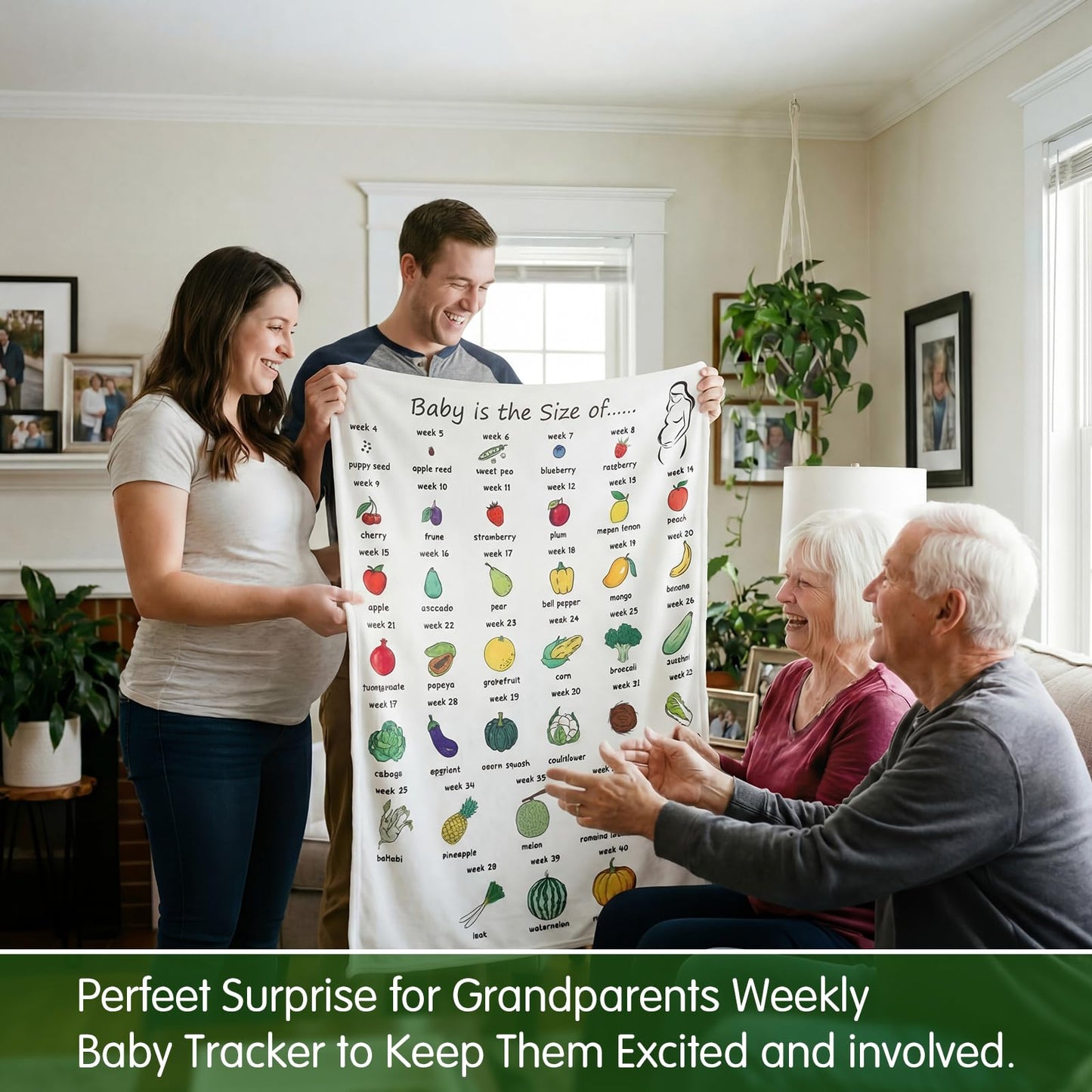 Tegeme Baby Growth Tracker Blanket Weekly Pregnant First Mom Gifts for Expecting Parents Pregnancy Countdown Calendar Week By Week Pregnancy Blanket in Fruit Veg Mother's Day Congration Gift