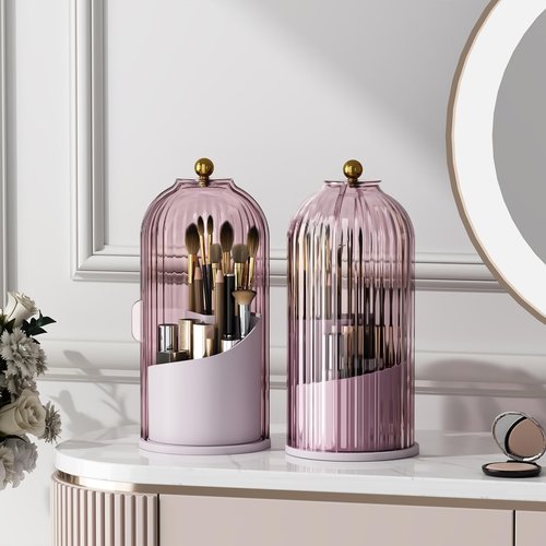 Zufudo Makeup Brush Holder Organizer with Lid 360° Rotating Makeup Organizer Countertop Dustproof Cosmetics Organizer for Vanity Bathroom, Pink Purple