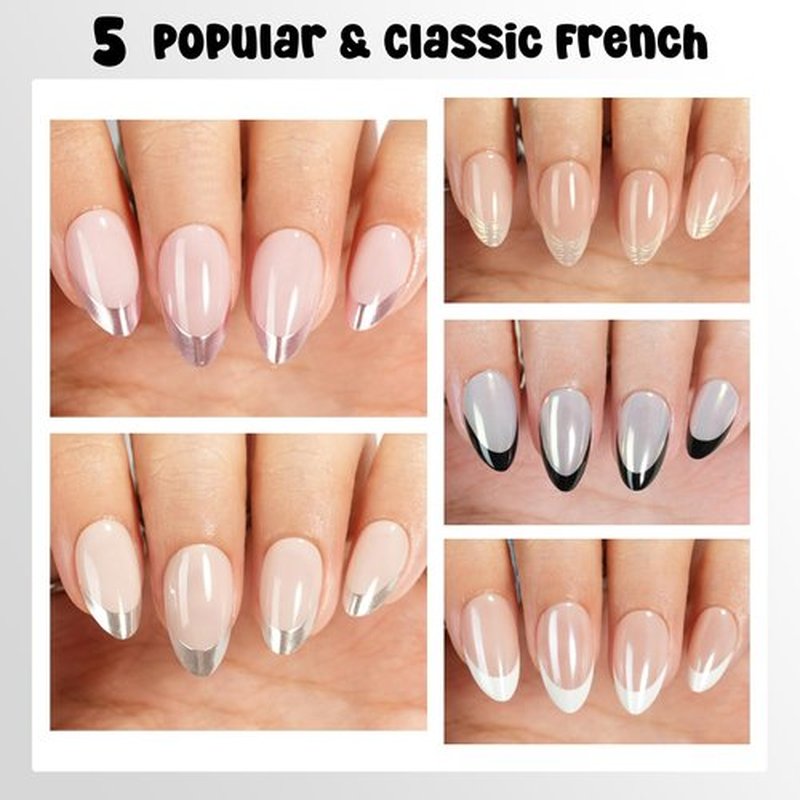 French Tip Press on Nails - Chrome Press on Nails Short Almond, French Nails Soft Gel Nails False Nail, Stick On Nails in 16 Sizes -160PCS Soft Gel Fake Nails Kit