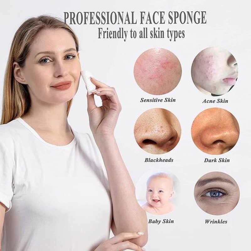 50-Count Compressed Natural Facial Sponges for Face Cleansing, Reusable Cosmetic Sponge, Used for Exfoliating and Makeup Removal With Clear Plastic Storage Jar (White, 50pcs）