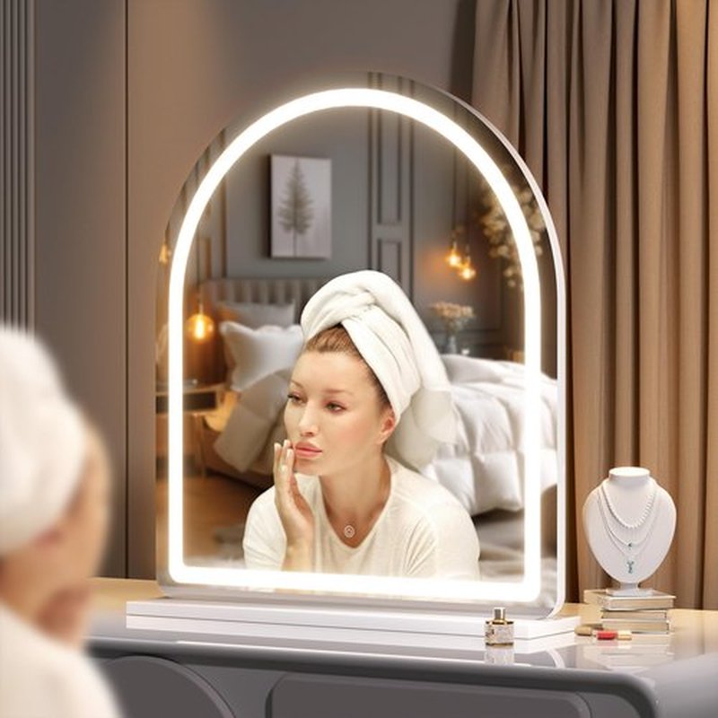 Hasipu Vanity Mirror with Lights, 20"× 24" Arched LED Makeup Mirror, Lighted Desktop Makeup Mirror with Lights, Smart Touch Control Dimmable 3 Modes Light White