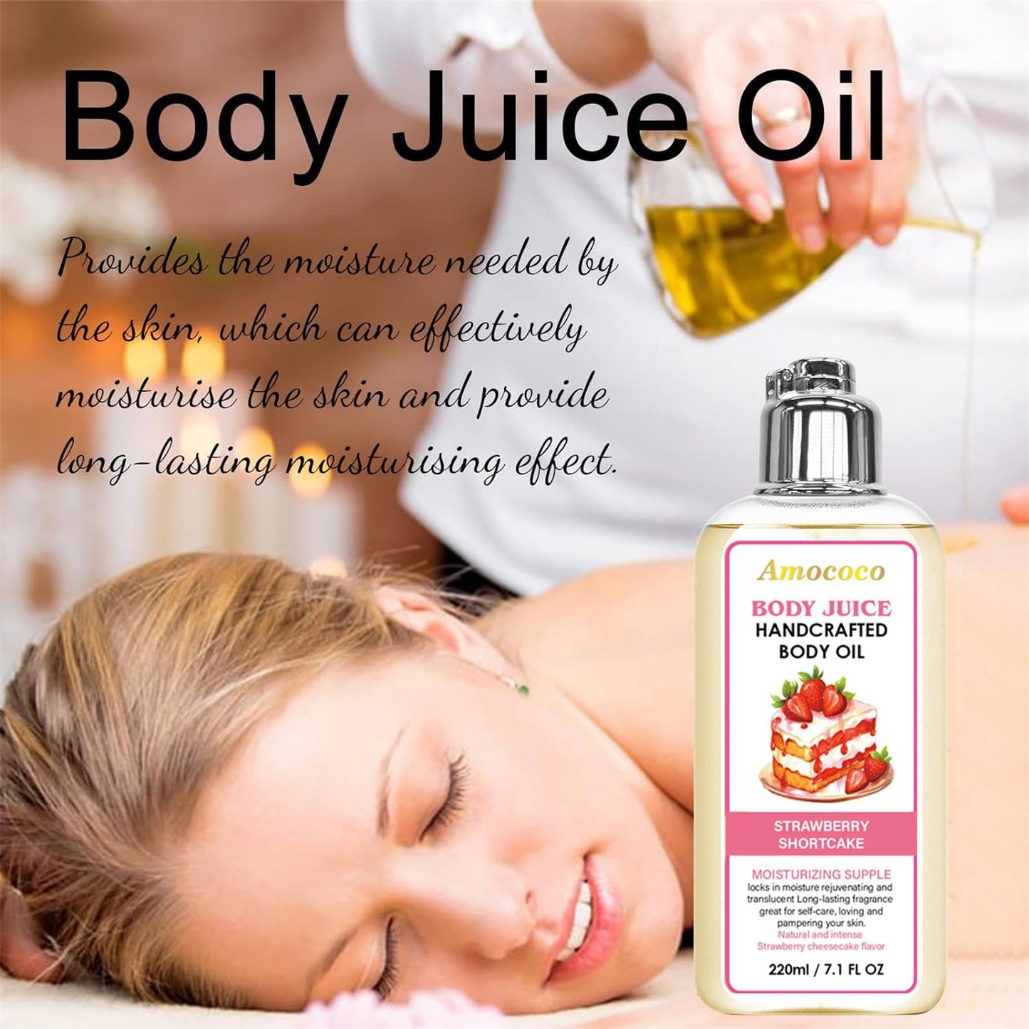 Amococo Strawberry Body Juice Oil, Moisturizing Dry Skin Care with Natural Oils, Lightweight Fast Absorbing Formula for Soft Smooth Skin, 7.1 Fl Oz