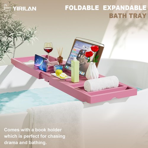 Yirilan Foldable Bathtub Caddy, Expandable Bath Caddy Tray, Unique House Warming Gifts, New Home, Anniversary and Wedding Gifts for Couple, Pink